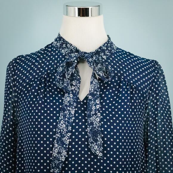 11.1 Tylho Anthropologie Size Small S Blue Isla Polka Dot A Line Tie Neck Dress - Picture 3 of 8